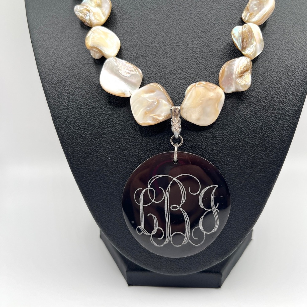 Shell Pendant Initial LBJ Letter Monogram Pendant Necklace Mother of Pearl Beads